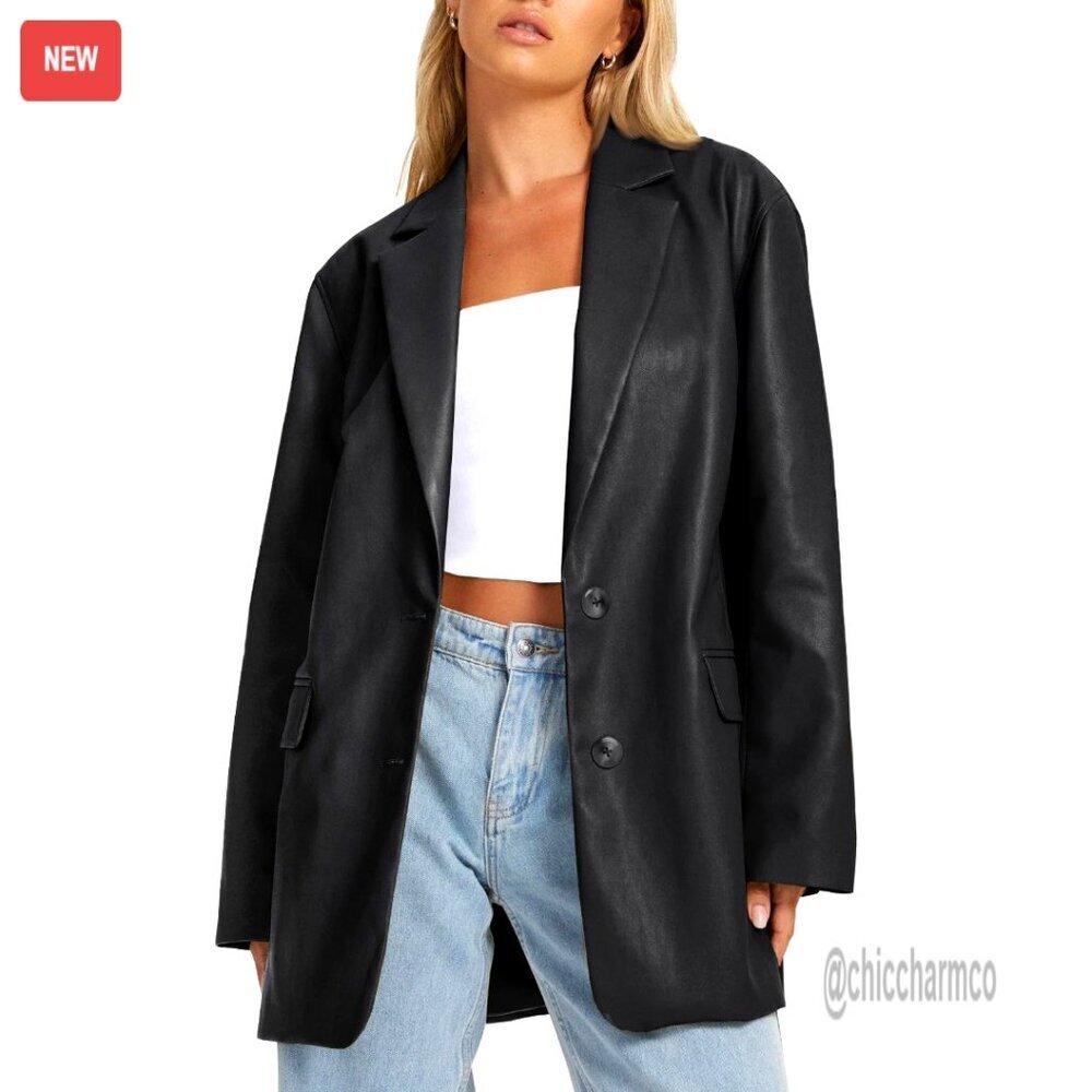 Oversized Faux Leather Motorcycle Jacket, Bomber Style, Long Sleeve